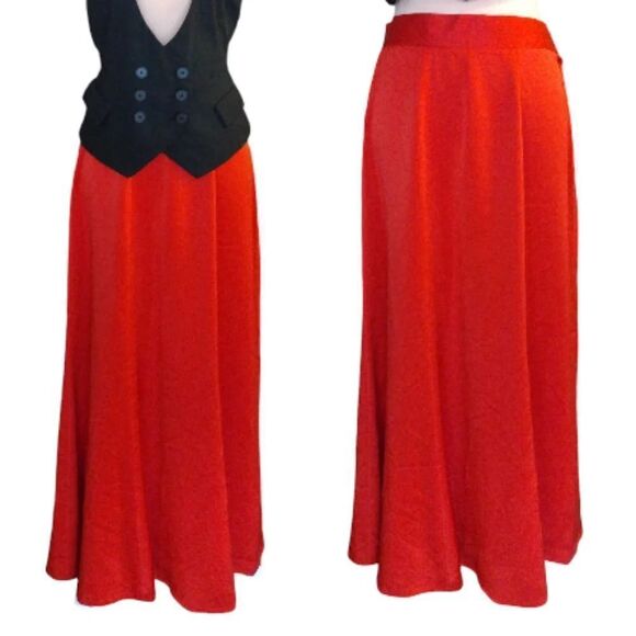 VTG 90s Bright Red Satin Fairycore Grunge Lined Maxi Slip Skirt Size 10 - Picture 1 of 12